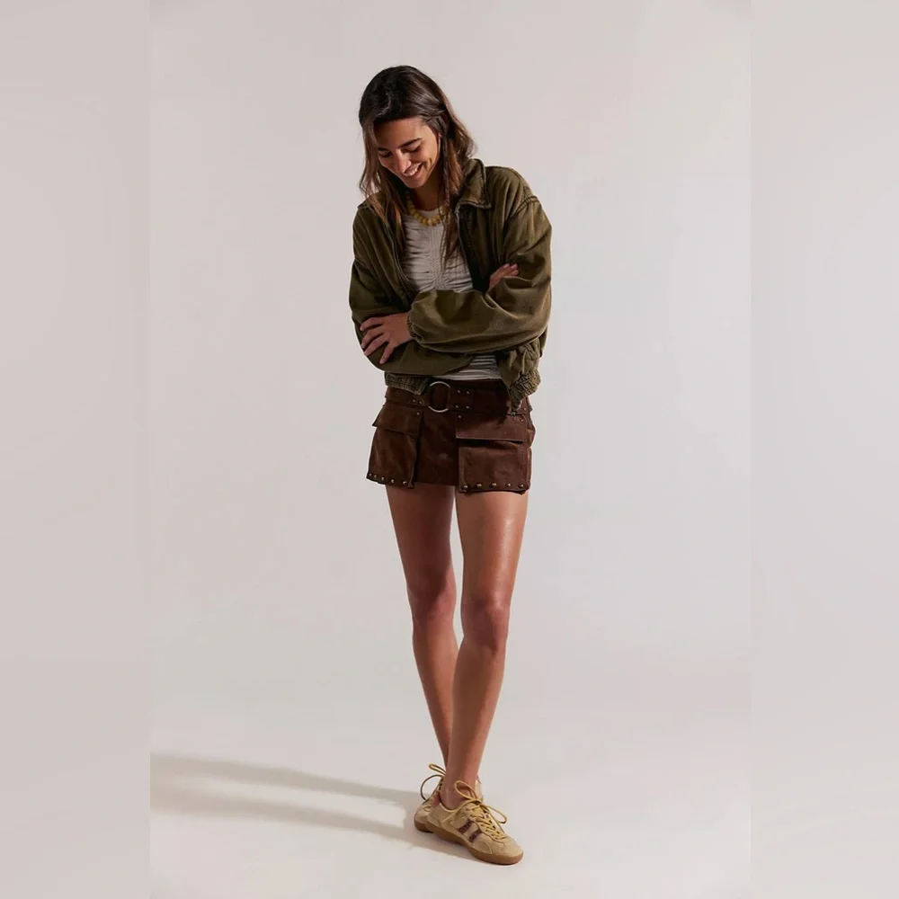 Olive Cropped Utility Jacket with Brown Suede Shorts Set